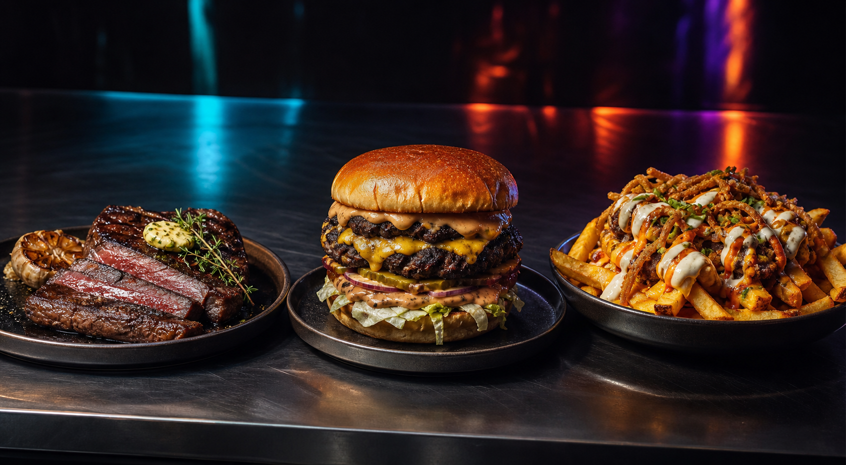 Steak, Burger und beladene Signature-Pommes auf einer dunklen Küchentheke